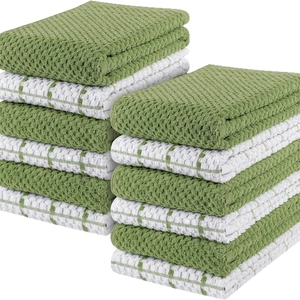 Detail of green and white checkered waffle weave cotton kitchen towels in 12-piece set