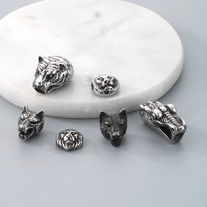 Detailed macro view of stainless steel animal head beads for DIY jewelry making
