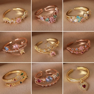 Adjustable Open Ring For Women Copper Cubic Zirconia Colorful Heart Star Crown Snake Fashion Jewelry