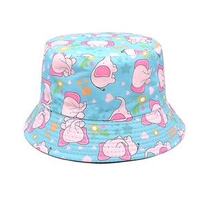 Detailed view of kids' bucket hat with cute cartoon elephant patterns and reinforced brim