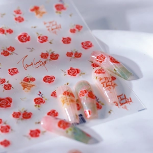 3D floral nail stickers featuring vintage red roses and artistic cursive typography details