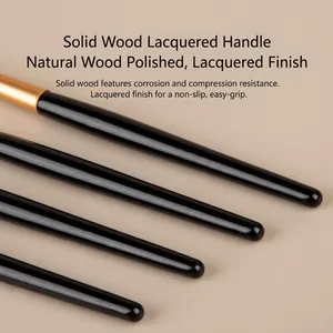 5-piece makeup brush set with durable solid wood handles and glossy lacquer finish