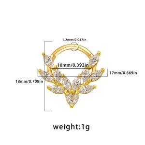 Detailed dimension guide for gold heart-shaped piercing ring with marquise gems