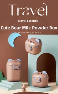 Portable cartoon bear baby formula dispenser with handle and scoop storage in warm tones