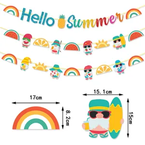 Detail view of Hello Summer party banner with gnome and rainbow dimensions 15x15cm