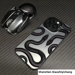Detailed view of translucent grey phone case with black snake pattern and lens protection