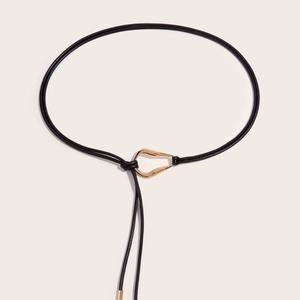Minimalist black soft leather knot belt with gold teardrop buckle for coats and dresses