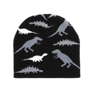 Black kids knitted beanie hat featuring white and grey dinosaur jacquard patterns