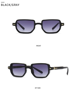 Front and 45-degree side views of retro square sunglasses with gold arrow metal accents
