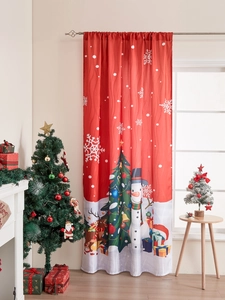 Cozy Christmas scene featuring red curtains with snowmen and tree patterns by a window