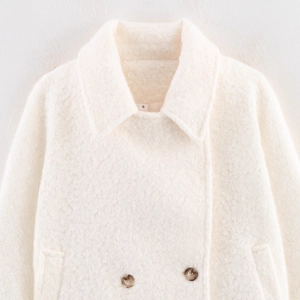 Women's cream white boucle fleece coat with double-breasted buttons and lapel collar