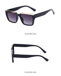 Black and gold square sunglasses featuring purple gradient lenses and dual side views