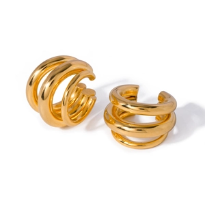 Classic 18K gold-plated stainless steel triple hoop ear cuffs with a mirror-polished finish