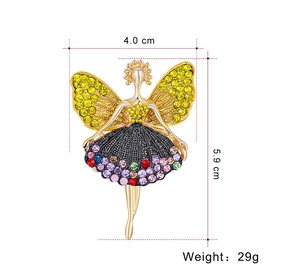 Detailed view of rhinestone ballet girl brooch showing size 4.0cm width and 5.9cm height