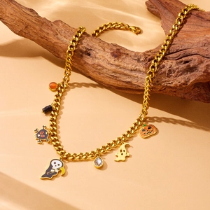 18K gold plated Cuban chain necklace with Halloween ghost and pumpkin pendants