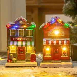 Lighted Christmas resin house ornaments with LED lights, Post Office and Candy Shop miniatures