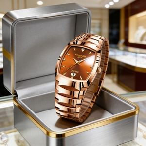 Detail of rose gold square quartz watch dial showing date display and metal band texture