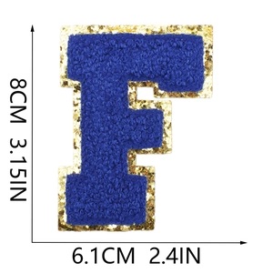 Detail view showing dimensions of blue chenille letter F patch with gold sequins
