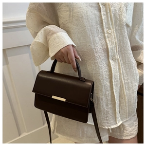 Détails du sac en cuir mat marron foncé avec une élégante garniture en métal doré chic