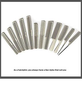 Macro detail of professional hair combs with precise measurement scales and model codes