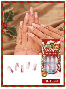 Detail of pink glitter french press on nails with white snowflakes and festive packaging