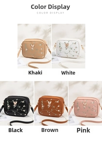 Collage of embroidered crossbody bags in five colors with floral patterns and butterflies