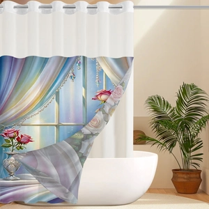 Detailed close-up of waterproof waffle fabric shower curtain with digital floral print