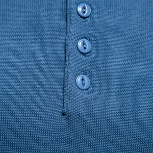 Mens casual blue long sleeve knit sweater with three buttons and texture detail