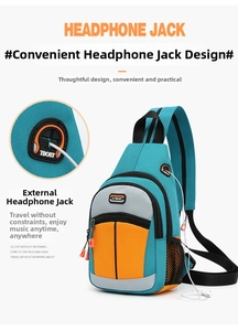 Detail of multi-functional chest bag with external headphone port and breathable mesh pocket
