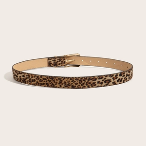 Chic leopard print leather belt with gold pin buckle for jeans on beige background