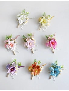 Lot de 8 boutonnières artisanales en soie multicolores avec feuilles et perles pour mariages
