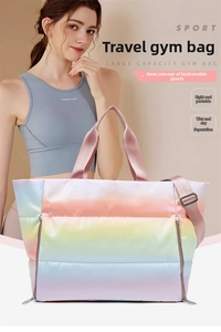 Waterproof rainbow gym bag with quilted fabric shown being carried by a model