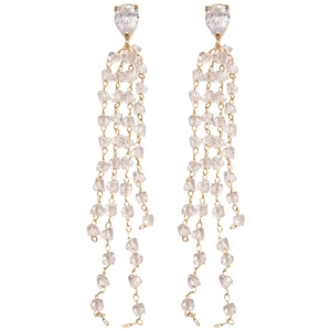 18k gold plated long fringe drop earrings with zircon studs and crystal tassels