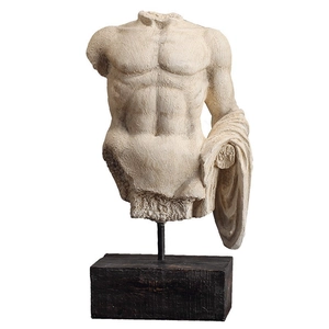 Nordic male torso resin sculpture with vintage texture on a solid wooden base