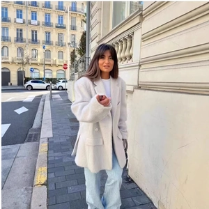 Damen Plüsch Kunstpelz Blazer Mantel Revers Langarm Oversize Lässig Winter Oberbekleidung Einreihig Schicke Lose Jacke