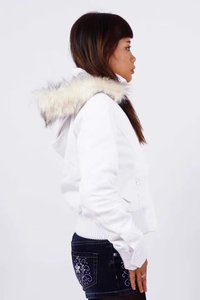 Detail of white hooded jacket with faux fur trim, ribbed cuffs, and hem in side view