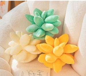 Three plush succulent pillows in green, beige and yellow on a white chair