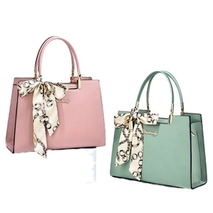 Pink and green faux leather tote bags with silk scarf and gold hardware for women