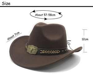 Detail of brown wool cowboy hat featuring a longhorn bull buckle and leather trim