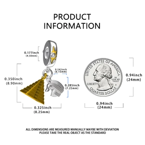 Detail view of pyramid and animal charm dimensions beside a 25-cent coin for scale