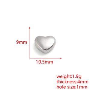 Polished silver heart-shaped stainless steel bead charm with 10.5mm size specifications