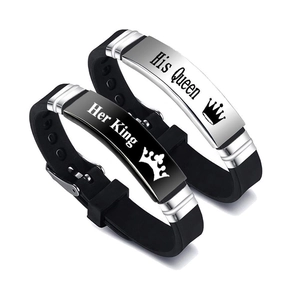 Her King His Queen Couple Bracelet Stainless Steel Silicone Romantic Crown Engraved Adjustable Wristband For Lovers