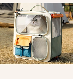 Detail view of pet travel backpack with large clear window and breathable mesh panels