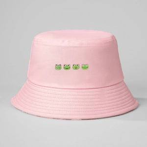 Pink bucket hat with four cute green frog embroideries on front for trendy casual style