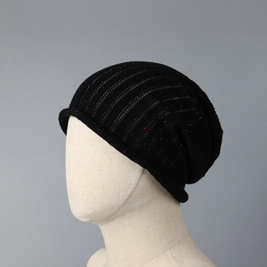 Close-up of black knit beanie featuring colorful confetti specks and vertical rib textures