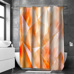 Modern gradient marble shower curtain featuring orange and gold 3D geometric crystal pattern