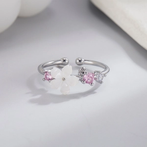 Copper Shell Cherry Blossom Ring With Pink Heart Zircon Open Adjustable Butterfly Flower Jewelry For Women