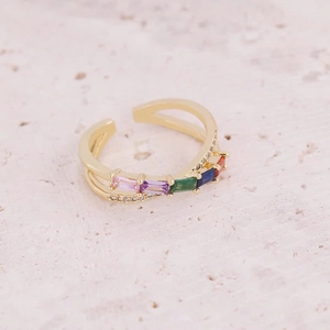 Detail of double-layer gold plated ring with five-color rectangular zircon stones