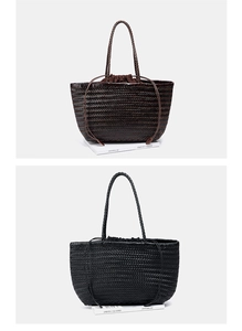 Macro shot of V-shape woven leather tote bag with drawstring inner pouch and slim handles