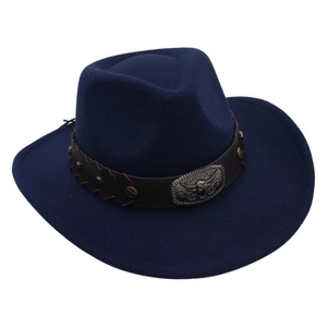 Detail of navy blue felt cowboy hat with bull head emblem and studded leather band